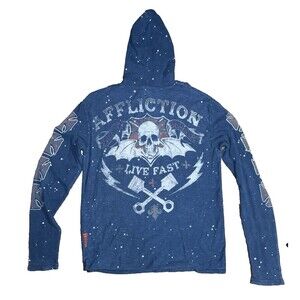 Affliction Hooded Henley Live Fast Skull Wings Sweater Mens Large